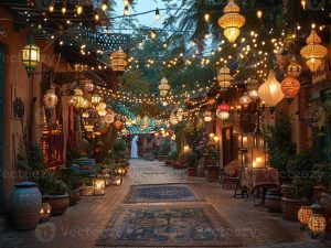 Traditional Eid al Adha decorations and lanterns hanging in a courtyard